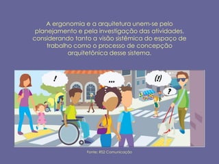 A ergonomia e a arquitetura unem-se pelo
 planejamento e pela investigação das atividades,
considerando tanto a visão sistêmica do espaço de
     trabalho como o processo de concepção
            arquitetônica desse sistema.




                 Fonte: RS2 Comunicação
 