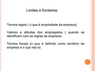 Limites e fronteiras


Termos legais ( o que é propriedade da empresa)

Valores e atitudes dos empregados ( quando se
identificam com as regras da empresa)

Termos fiscais (o que é definido como território da
empresa e o que não é)
 
