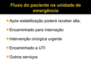  Após estabilização poderá receber alta;
 Encaminhado para internação
 Intervenção cirúrgica urgente
 Encaminhado a UTI
 Outros serviços
 