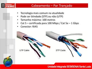 • Tecnologia mais comum na atualidade
• Pode ser blindado (STP) ou não (UTP)
• Tamanho máximo: 100 metros
• Cat 5 – certificada para 100 Mbps / Cat 5e – 1 Gbps
• Conector: RJ45
Cabeamento – Par Trançado
 