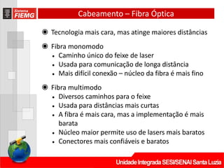 ◉ Tecnologia mais cara, mas atinge maiores distâncias
◉ Fibra monomodo
• Caminho único do feixe de laser
• Usada para comunicação de longa distância
• Mais difícil conexão – núcleo da fibra é mais fino
◉ Fibra multimodo
• Diversos caminhos para o feixe
• Usada para distâncias mais curtas
• A fibra é mais cara, mas a implementação é mais
barata
• Núcleo maior permite uso de lasers mais baratos
• Conectores mais confiáveis e baratos
Cabeamento – Fibra Óptica
 