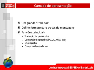 Camada de apresentação
◉ Um grande “tradutor”
◉ Define formato para trocas de mensagens
◉ Funções principais
• Tradução de protocolos
• Conversão de padrões (ASCII, ANSI, etc)
• Criptografia
• Compressão de dados
 