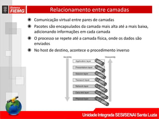 Relacionamento entre camadas
◉ Comunicação virtual entre pares de camadas
◉ Pacotes são encapsulados da camada mais alta até a mais baixa,
adicionando informações em cada camada
◉ O processo se repete até a camada física, onde os dados são
enviados
◉ No host de destino, acontece o procedimento inverso
 