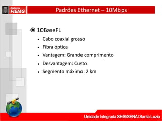 Padrões Ethernet – 10Mbps
◉ 10BaseFL
• Cabo coaxial grosso
• Fibra óptica
• Vantagem: Grande comprimento
• Desvantagem: Custo
• Segmento máximo: 2 km
 