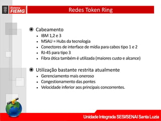 Redes Token Ring
◉ Cabeamento
• IBM 1,2 e 3
• MSAU = Hubs da tecnologia
• Conectores de interface de mídia para cabos tipo 1 e 2
• RJ‐45 para tipo 3
• Fibra ótica também é utilizada (maiores custo e alcance)
◉ Utilização bastante restrita atualmente
• Gerenciamento mais oneroso
• Congestionamento das pontes
• Velocidade inferior aos principais concorrentes.
 