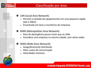 Classificação por área
◉ LAN (Local Area Network)
• Permite a conexão de equipamentos em uma pequena região
(até 5‐10km)
• Encontrada em lares e escritórios de empresas
◉ MAN (Metropolitan Area Network)
• Área de abrangência pouco maior que as LANs
• Considere uma empresa na mesma cidade, com várias sedes
◉ WAN (Wide Area Network)
• Geograficamente distribuída
• Altos custos de comunicação
• Velocidades menores
 