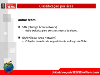 Classificação por área
Outras redes
◉ SAN (Storage Area Network)
• Rede exclusiva para armazenamento de dados.
◉ GAN (Global Area Network)
• Coleções de redes de longa distância ao longo do Globo.
 