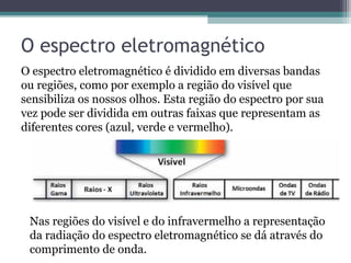 O espectro eletromagnético
O espectro eletromagnético é dividido em diversas bandas
ou regiões, como por exemplo a região do visível que
sensibiliza os nossos olhos. Esta região do espectro por sua
vez pode ser dividida em outras faixas que representam as
diferentes cores (azul, verde e vermelho).
Nas regiões do visível e do infravermelho a representação
da radiação do espectro eletromagnético se dá através do
comprimento de onda.
 