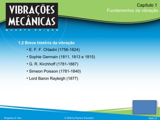 • E. F. F. Chladni (1756-1824)
• Sophie Germain (1811, 1813 e 1815)
• G. R. Kirchhoff (1781-1887)
• Simeon Poisson (1781-1840)
• Lord Baron Rayleigh (1877)
Singeresu S. Rao © 2009 by Pearson Education
Capítulo 1
Fundamentos de vibração
1.2 Breve história da vibração
Slide 11
 