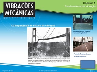Singeresu S. Rao © 2009 by Pearson Education
Capítulo 1
Fundamentos de vibração
Slide 14
1.3 Importância do estudo da vibração
Ponte de Tacoma vibrando
no modo longitudinal.
Ponte de Tacoma vibrando
no modo torsional.
 