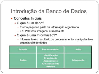 Introdução da Banco de Dados
 Conceitos Iniciais
 O que é um dado?
 É uma pequena parte da informação organizada
 EX: Palavras, imagens, números etc
 O que é uma Informação??
 Informação é o resultado do processamento, manipulação e
organização de dados
 