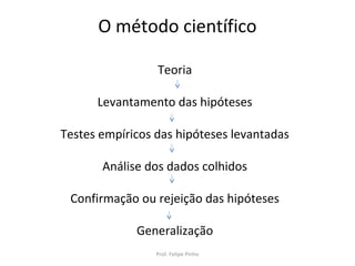 O método científico
Teoria
Levantamento das hipóteses
Testes empíricos das hipóteses levantadas
Análise dos dados colhidos
Confirmação ou rejeição das hipóteses
Generalização
Prof. Felipe Pinho
 