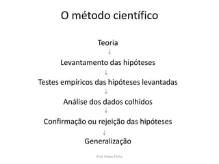 O método científico
Teoria
Levantamento das hipóteses
Testes empíricos das hipóteses levantadas
Análise dos dados colhidos
Confirmação ou rejeição das hipóteses
Generalização
Prof. Felipe Pinho
 