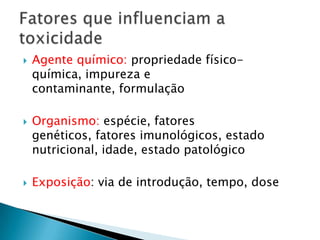 





Agente químico: propriedade físicoquímica, impureza e
contaminante, formulação
Organismo: espécie, fatores
genéticos, fatores imunológicos, estado
nutricional, idade, estado patológico
Exposição: via de introdução, tempo, dose

 