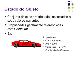 Estado do Objeto
 Conjunto

de suas propriedades associadas a
seus valores correntes
 Propriedades geralmente referenciadas
como Atributos
 Ex:
Propriedades:
 Cor = Vermelha
 Ano = 2001
 Velocidade = 0 Km/h
 Combustível = Gasolina

 