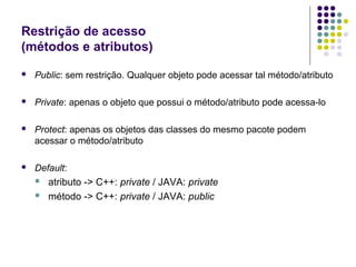 Restrição de acesso
(métodos e atributos)


Public: sem restrição. Qualquer objeto pode acessar tal método/atributo



Private: apenas o objeto que possui o método/atributo pode acessa-lo



Protect: apenas os objetos das classes do mesmo pacote podem
acessar o método/atributo



Default:



atributo -> C++: private / JAVA: private
método -> C++: private / JAVA: public

 