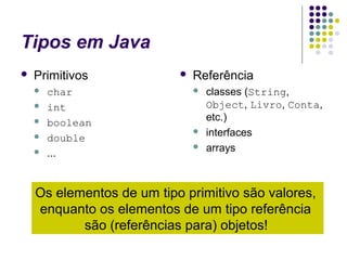 Tipos em Java


Primitivos






char
int
boolean
double
...



Referência





classes (String,
Object, Livro, Conta,
etc.)
interfaces
arrays

Os elementos de um tipo primitivo são valores,
enquanto os elementos de um tipo referência
são (referências para) objetos!

 