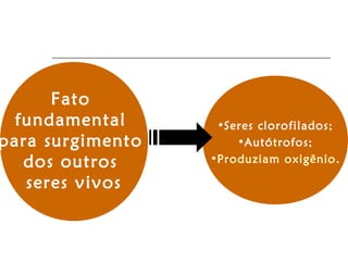 •Seres clorofilados;
•Autótrofos;
•Produziam oxigênio.
Fato
fundamental
para surgimento
dos outros
seres vivos
 