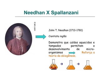 Needhan X Spallanzani
John T. Needhan (1713-1781)
Cientista inglês
Demonstra que caldos aquecidos e
tampados permitem o
desenvolvimento de micro-
organismos Reforça a
teoria da abiogênese.
 