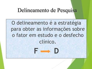 Delineamento de Pesquisa
O delineamento é a estratégia
para obter as informações sobre
o fator em estudo e o desfecho
clínico.
F D
 