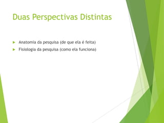 Duas Perspectivas Distintas
 Anatomia da pesquisa (de que ela é feita)
 Fisiologia da pesquisa (como ela funciona)
 