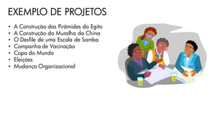 EXEMPLO DE PROJETOS
• A Construção das Pirâmides do Egito
• A Construção da Muralha da China
• O Desfile de uma Escola de Samba
• Campanha de Vacinação
• Copa do Mundo
• Eleições
• Mudança Organizacional
 