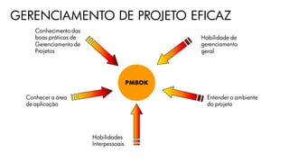 GERENCIAMENTO DE PROJETO EFICAZ
PMBOK
Conhecimento das
boas práticas de
Gerenciamento de
Projetos
Conhecer a área
de aplicação
Habilidades
Interpessoais
Entender o ambiente
do projeto
Habilidade de
gerenciamento
geral
 