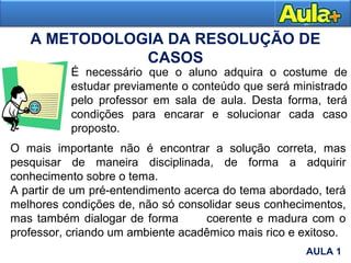 A METODOLOGIA DA RESOLUÇÃO DE
CASOS
É necessário que o aluno adquira o costume de
estudar previamente o conteúdo que será ministrado
pelo professor em sala de aula. Desta forma, terá
condições para encarar e solucionar cada caso
proposto.
O mais importante não é encontrar a solução correta, mas
pesquisar de maneira disciplinada, de forma a adquirir
conhecimento sobre o tema.
A partir de um pré-entendimento acerca do tema abordado, terá
melhores condições de, não só consolidar seus conhecimentos,
mas também dialogar de forma coerente e madura com o
professor, criando um ambiente acadêmico mais rico e exitoso.
AULA 1
AULA 1
 