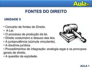 FONTES DO DIREITO
UNIDADE 5
• Conceito de fontes do Direito.
• A Lei.
• O processo de produção da lei.
• Direito costumeiro e desuso das leis.
• A jurisprudência (súmula vinculante).
• A doutrina jurídica.
• Procedimentos de integração: analogia legal e os princípios
gerais de direito.
• A questão da eqüidade.
AULA 1
AULA 1
 