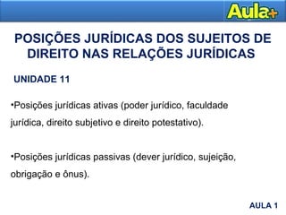 •Posições jurídicas ativas (poder jurídico, faculdade
jurídica, direito subjetivo e direito potestativo).
•Posições jurídicas passivas (dever jurídico, sujeição,
obrigação e ônus).
POSIÇÕES JURÍDICAS DOS SUJEITOS DE
DIREITO NAS RELAÇÕES JURÍDICAS
UNIDADE 11
AULA 1
AULA 1
 