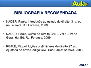 BIBLIOGRAFIA RECOMENDADA
• NADER, Paulo. Introdução ao estudo do direito. 31a. ed.
rev. e ampl. RJ: Forense, 2009.
• NADER, Paulo. Curso de Direito Civil – Vol 1 – Parte
Geral, 6a. Ed. RJ: Forense, 2009.
• REALE, Miguel. Lições preliminares de direito.27 ed.
Ajustada ao novo Código Civil. São Paulo: Saraiva, 2009.
AULA 1
AULA 1
 