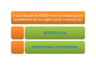 O lucro líquido da EBSERH será reinvestido para o
atendimento do seu objeto social, à exceção da:
RESERVA LEGAL
RESERVA PARA CONTINGÊNCIA
 