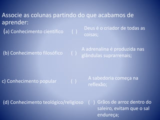 Associe as colunas partindo do que acabamos de
aprender:
(a) Conhecimento científico ( )
(b) Conhecimento filosófico ( )
c) Conhecimento popular ( )
(d) Conhecimento teológico/religioso ( )
A sabedoria começa na
reflexão;
A adrenalina é produzida nas
glândulas suprarrenais;
Deus é o criador de todas as
coisas;
Grãos de arroz dentro do
saleiro, evitam que o sal
endureça;
 