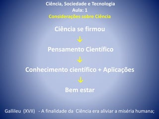 Ciência, Sociedade e Tecnologia
Aula: 1
Considerações sobre Ciência
Ciência se firmou
↓
Pensamento Científico
↓
Conhecimento científico + Aplicações
↓
Bem estar
Gallileu (XVII) - A finalidade da Ciência era aliviar a miséria humana;
 