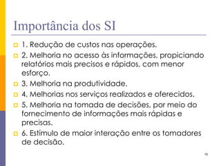 15 
Importância dos SI 
1. Redução de custos nas operações. 
2. Melhoria no acesso às informações, propiciando relatórios mais precisos e rápidos, com menor esforço. 
3. Melhoria na produtividade. 
4. Melhorias nos serviços realizados e oferecidos. 
5. Melhoria na tomada de decisões, por meio do fornecimento de informações mais rápidas e precisas. 
6. Estímulo de maior interação entre os tomadores de decisão.  