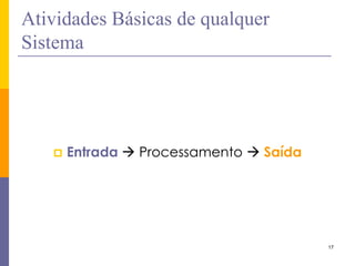 17 
Atividades Básicas de qualquer Sistema 
Entrada  Processamento  Saída 
 