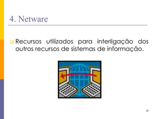 22 
4. Netware 
Recursos utilizados para interligação dos outros recursos de sistemas de informação.  