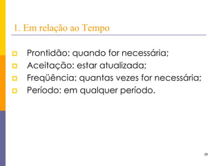 29 
1. Em relação ao Tempo 
Prontidão: quando for necessária; 
Aceitação: estar atualizada; 
Freqüência: quantas vezes for necessária; 
Período: em qualquer período.  
