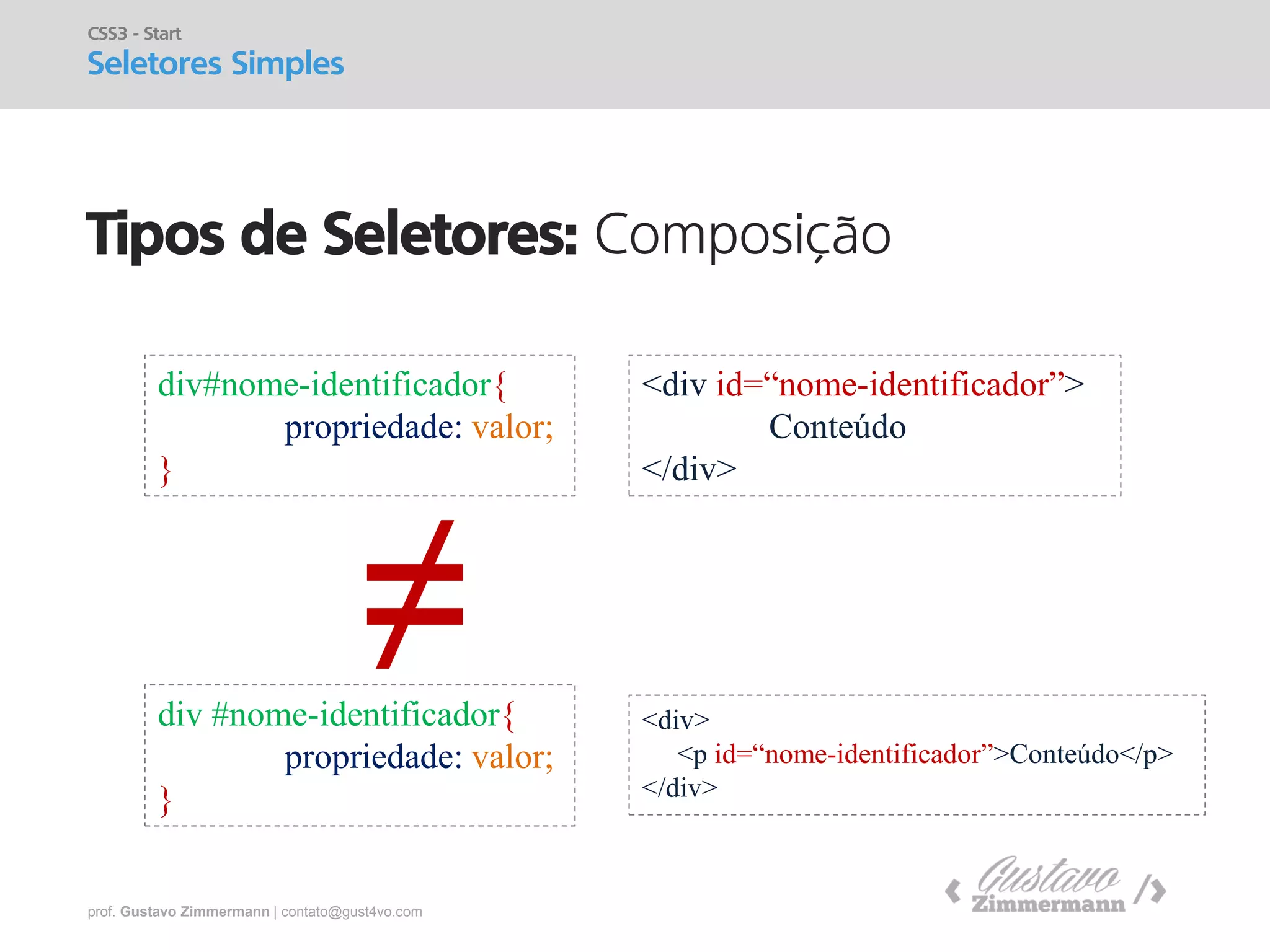 prof. Gustavo Zimmermann | contato@gust4vo.com 
Tipos de Seletores: Composição 
CSS3 - Start 
Seletores Simples 
div#nome-identificador{ 
propriedade: valor; 
} 
≠ 
div #nome-identificador{ 
propriedade: valor; 
} 
<div id=“nome-identificador”> 
Conteúdo 
</div> 
<div> 
<p id=“nome-identificador”>Conteúdo</p> 
</div>  