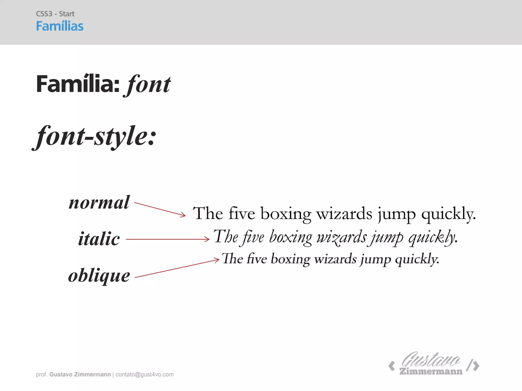 prof. Gustavo Zimmermann | contato@gust4vo.com 
font-style: 
CSS3 - Start 
Famílias 
Família: font 
normal 
italic 
oblique  