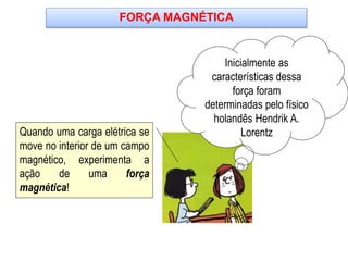 FORÇA MAGNÉTICA
Quando uma carga elétrica se
move no interior de um campo
magnético, experimenta a
ação de uma força
magnética!
Inicialmente as
características dessa
força foram
determinadas pelo físico
holandês Hendrik A.
Lorentz
 