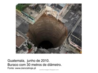 Guatemala, junho de 2010. 
Buraco com 30 metros de diâmetro. 
Fonte: www.cienciahoje.pt 
carolcorreageo.blogspot.com  