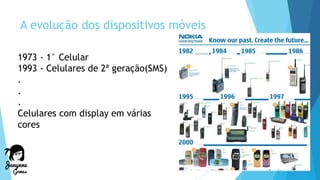 A evolução dos dispositivos móveis
1973 - 1° Celular
1993 - Celulares de 2ª geração(SMS)
.
.
.
Celulares com display em vá...