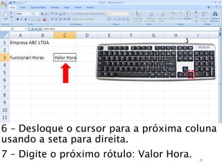 Caminhos
Do
Emprego
6 – Desloque o cursor para a próxima coluna
usando a seta para direita.
7 – Digite o próximo rótulo: Valor Hora. 22
 