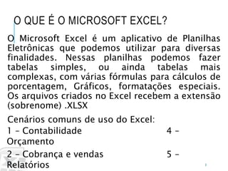 Caminhos
Do
Emprego
O QUE É O MICROSOFT EXCEL?
O Microsoft Excel é um aplicativo de Planilhas
Eletrônicas que podemos utilizar para diversas
finalidades. Nessas planilhas podemos fazer
tabelas simples, ou ainda tabelas mais
complexas, com várias fórmulas para cálculos de
porcentagem, Gráficos, formatações especiais.
Os arquivos criados no Excel recebem a extensão
(sobrenome) .XLSX
Cenários comuns de uso do Excel:
3
1 – Contabilidade 4 –
Orçamento
2 – Cobrança e vendas 5 –
Relatórios
 