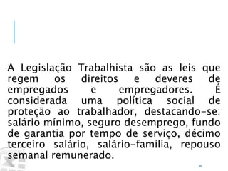 Caminhos
Do
Emprego
A Legislação Trabalhista são as leis que
regem os direitos e deveres de
empregados e empregadores. É
considerada uma política social de
proteção ao trabalhador, destacando-se:
salário mínimo, seguro desemprego, fundo
de garantia por tempo de serviço, décimo
terceiro salário, salário-família, repouso
semanal remunerado.
46
Legislação Trabalhista
 
