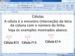 Caminhos
Do
Emprego
Célula B15 Célula K14Célula F15
8
Células
A célula é o encontro (interseção) da letra
da coluna com o número da linha.
Veja os exemplos mostrados abaixo.
 