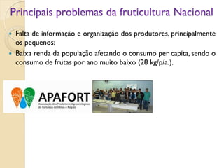 Principais problemas da fruticultura Nacional
 Falta de informação e organização dos produtores, principalmente
os pequenos;
 Baixa renda da população afetando o consumo per capita, sendo o
consumo de frutas por ano muito baixo (28 kg/p/a.).
 