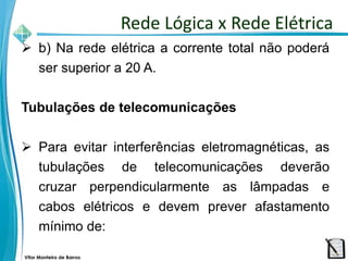 Vitor Monteiro de Barros
 b) Na rede elétrica a corrente total não poderá
ser superior a 20 A.
Tubulações de telecomunicações
 Para evitar interferências eletromagnéticas, as
tubulações de telecomunicações deverão
cruzar perpendicularmente as lâmpadas e
cabos elétricos e devem prever afastamento
mínimo de:
Rede Lógica x Rede Elétrica
 