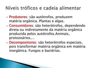  Produtores: são autótrofos, produzem
matéria orgânica. Plantas e algas.
 Consumidores: são heterótrofos, dependendo
direta ou indiretamente da matéria orgânica
produzida pelos autótrofos.Animais,
protozoários,...
 Decompositores: são heterótrofos especiais,
pois transformar matéria orgânica em matéria
inorgânica. Fungos e bactérias.
 